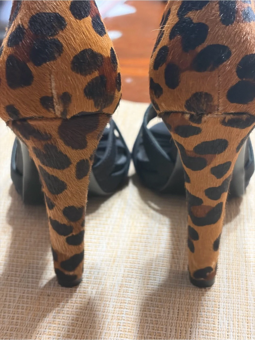 Tory Burch Black Sandals with Leopard Heel Accent